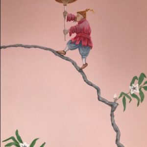 A chinoiserie painting depicting a man sitting on a branch with a bird, showcasing intricate design elements typical of London art.